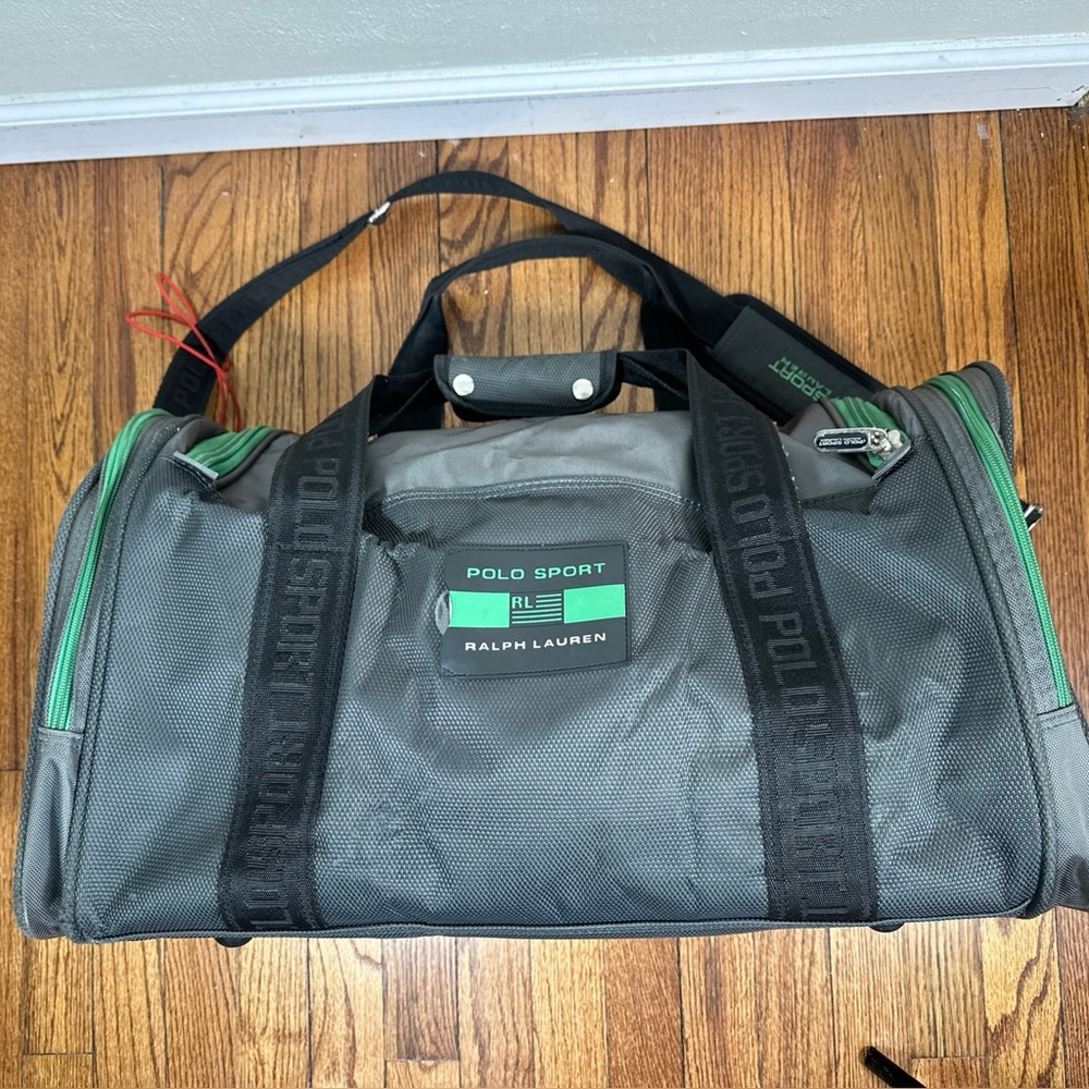 Polo Sport Ralph Lauren USA Large Duffle Gym Bag Grey Green Travel Shoe Pocket